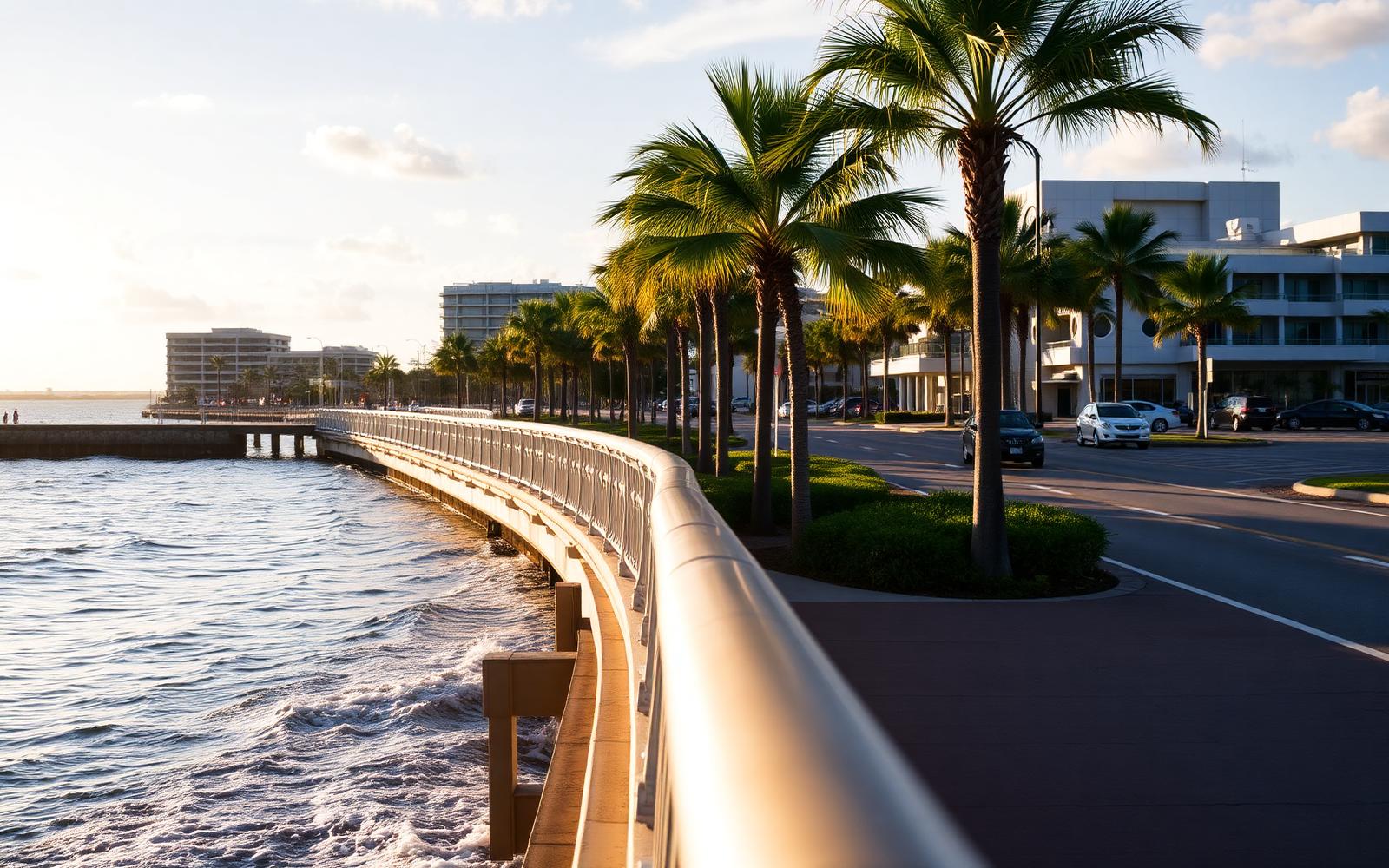 Bayshore Boulevard in Tampa with palm trees and the bay