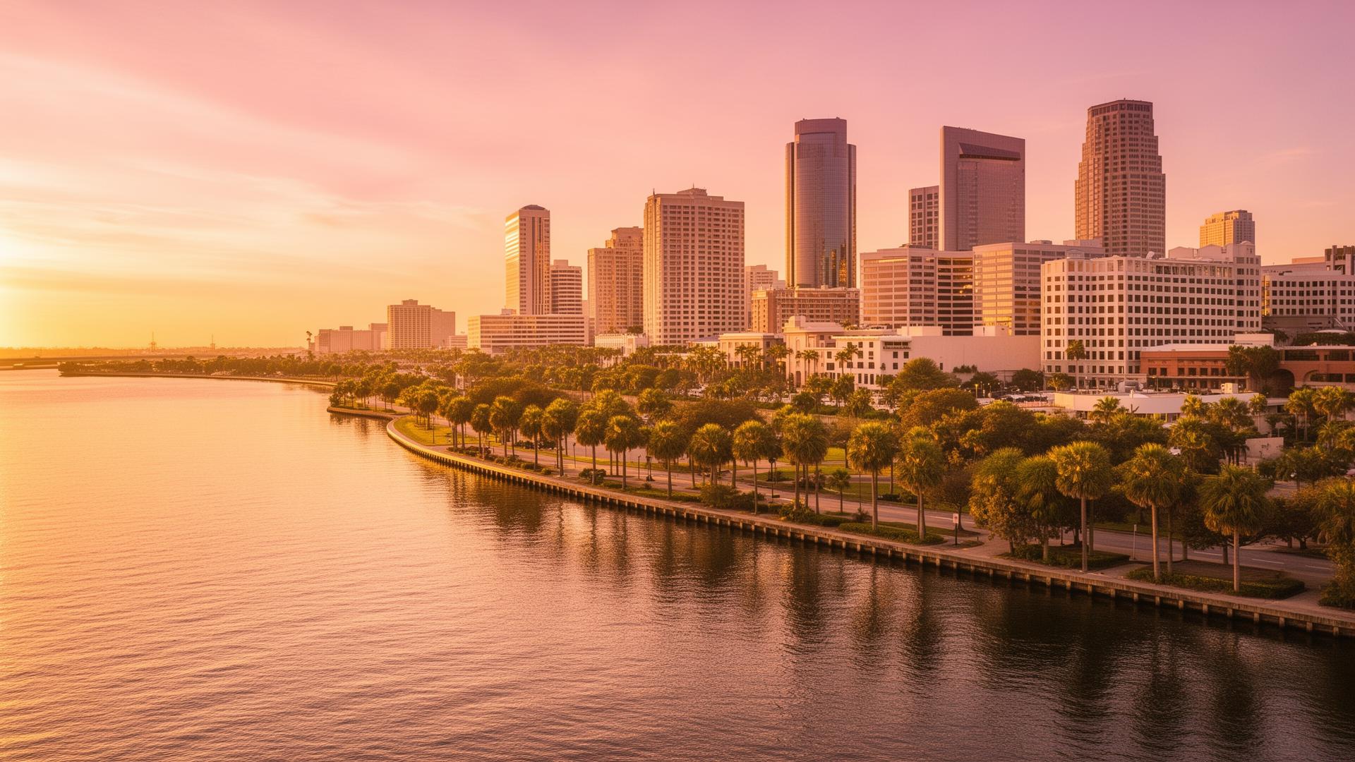 Downtown Tampa skyline and palm-lined waterfront at golden sunrise